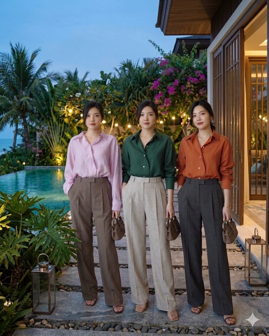 Áo sơ mi và quần ống rộng: Công thức phối đồ đơn giản mà hiệu quả